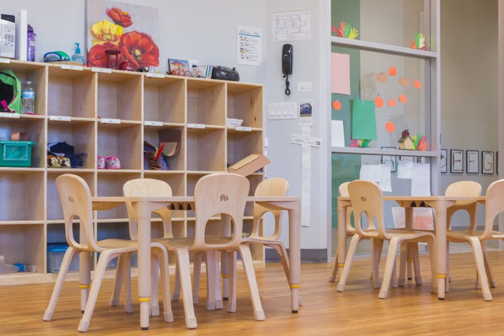 Tables, chairs, and cubbies supplied by Meadow Montessori School in South Richmond, TX