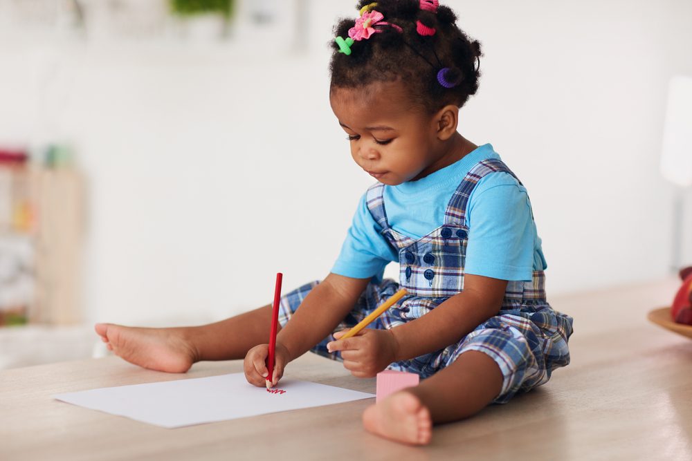 Cute,Toddler,Baby,Girl,Drawing,With,Pencils,Using,Both,Hands