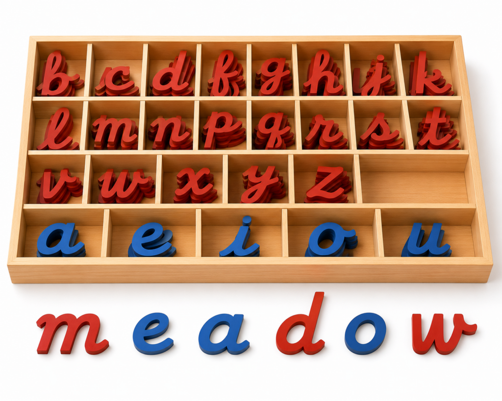 Meadow Montessori students use authentic Montessori materials such as the moveable alphabet