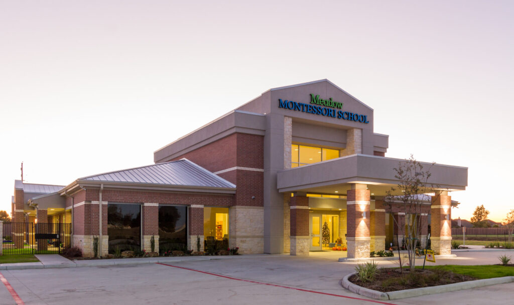 Meadow Montessori School building exterior and entrance. Schedule a preschool tour in Richmond, TX